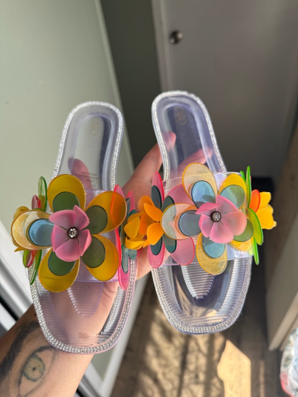 Cato Clear Floral Slide Sandals with Pink, Yellow, Green & Blue Flowers